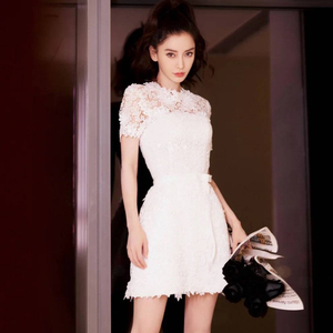 杨颖baby明星同款高端轻奢名媛蕾丝连衣裙修身显瘦气质白色小礼服