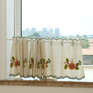 棉麻半帘短帘刺绣咖啡帘成品厨房卫生间飘窗橱窗小窗帘柜帘免打孔
