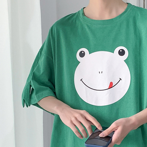 墨绿色青蛙t恤男夏季chic港味上衣短袖欧美街头oversize情侣7分袖