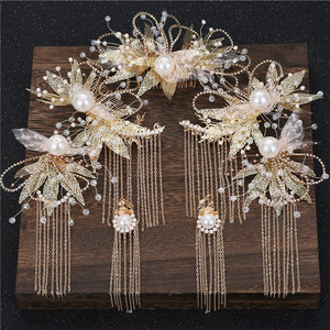 新娘头饰中式古装套装金色手工蕾丝流苏步摇发簪古风汉服秀禾发饰