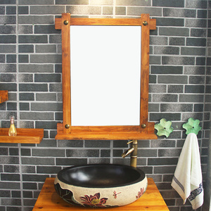 新中式复古浴室镜子实木木框方镜洗手间化妆镜壁挂仿古镜墙面挂镜