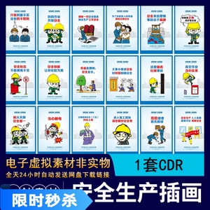 【312】施工安全第一预防为主安全生产月宣传标语漫画海报CDR素材