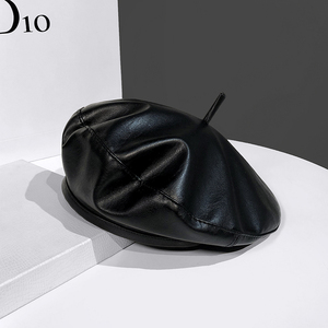 黑色pu皮质贝雷帽女夏季欧美英伦画家帽子2021新款日系百搭蓓蕾帽