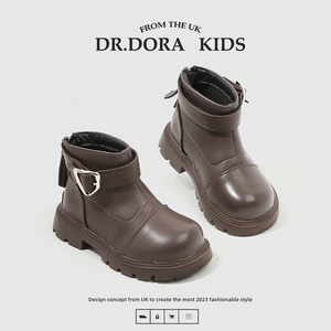 DR.DORA朵拉博士女童靴子秋冬季款宝宝短靴子英伦风流苏拉链皮靴