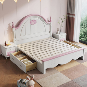 儿童床女孩公主床欧式现代简约全实木床小孩单人床原木储物少女床