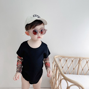 男童假两件大花臂纹身街头嘻哈风夏季长袖宝宝连体包屁衣透气爬服