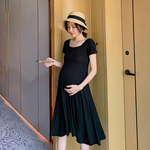 孕妇夏装连衣裙时尚洋气黑色显瘦女夏季修身法式温柔风孕妇装裙子