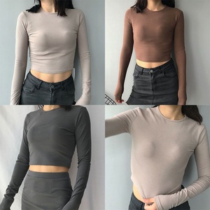 卡戴珊款欧美风紧身短款打底衫小圆领显胸纯色长袖露脐上衣女t恤