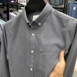 正品汤米纯棉长袖衬衫男士2024年春夏新款休闲条纹透气中青年衬衣