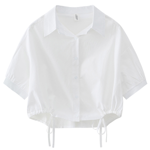 夏季短袖衬衫女设计感小众白色衬衣时尚抽绳小个子短款绝美小上衣