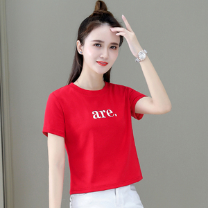 红色短袖t恤女装潮上衣2024今年流行新款薄款小个子夏季短款高腰