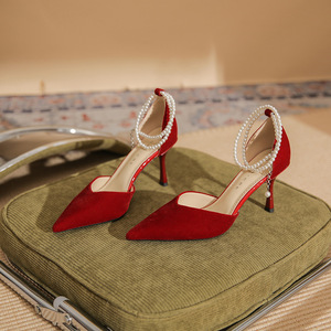 DARYGET红色高跟鞋女细跟2024春季新款尖头婚鞋珍珠绑带日常单鞋