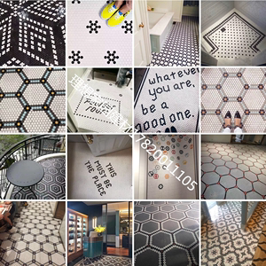 网红主题餐厅地面地毯拼图陶瓷砖马赛克六角小六边形黑白拼字酒店