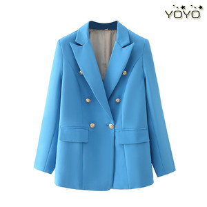 YOYO 欧美风新款外贸女装简约时尚宽松双排扣蓝色金属扣西服