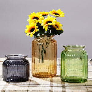 包邮透明彩色竖纹欧式花瓶大小号水培花瓶玻璃插花瓶客厅家居摆件