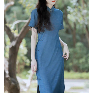 古法旗袍新款2024改良新中式连衣裙蓝色长款大码女春夏复古民国风