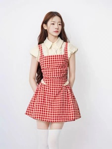 红格物语 假两件格子短袖连衣裙女2024新款背带裙显瘦甜美衬衫裙