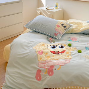 晚安猫卡通海绵宝宝全棉水洗棉四件套纯棉可爱被套三件套床单床品
