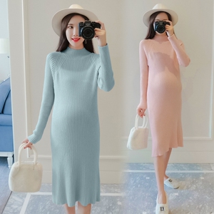 孕妇毛衣秋冬季时尚外出辣妈显瘦底羊毛针织长裙冬装孕妇连衣裙
