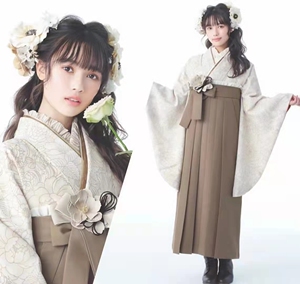 日本传统和服二尺袖行灯袴卡其色无地正宗现代风混搭毕业卒业式裙