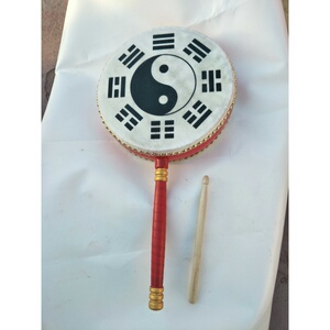 厂家牛皮鼓带柄手鼓牛皮手鼓8寸扁鼓红鼓道教乐器鼓法器鼓太极鼓