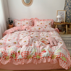 40s软妹粉色花边蝴蝶结床品可爱少女心床单三四件套纯棉
