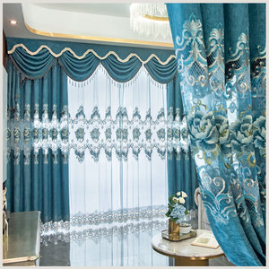 雪尼尔镂空刺绣客厅落地窗帘定制水波帘头蓝色窗纱奢华欧式半遮光