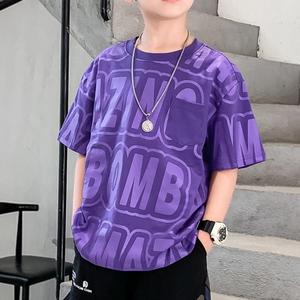 男童夏装半袖丅儿童短袖t恤紫色男孩衣服夏季中大童洋气时髦潮牌