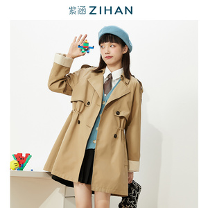 紫涵经典卡其色大翻领风衣中长款戗驳领大衣小个子外套收腰显瘦女