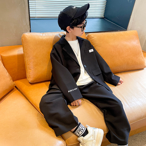 男童秋装西装套装2021年新款男孩帅气黑色礼服5中大童9西服12岁潮