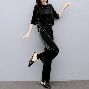 金丝绒套装女春装2020年新款休闲开叉坠感阔腿裤两件套洋气时尚潮