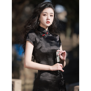 黑色旗袍夏季改良年轻款少女日常高级感小个子性感短款2022年新款