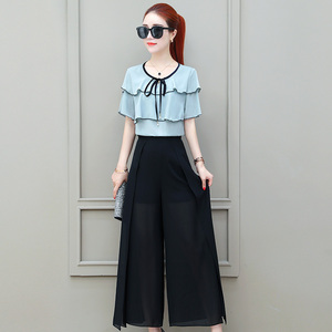 甩裤套装女新款两件套温柔风雪纺衫上衣配时髦尚洋气开叉阔腿裤子