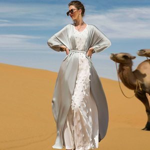 新款大码银色开衫连衣裙套装迪拜中东旅行长袍
