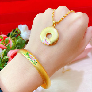 越南沙金古法传承手镯黄金色荷花手镯项链套装素圈手镯首饰不掉色