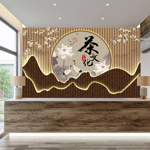 8d中式背景墙壁纸办公室墙纸饭店墙面装饰壁画茶道贴画茶室格栅画