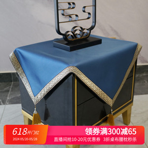 新中式宝蓝色桌布布艺棉麻轻奢餐桌布正方形高级感纯色布垫防尘布