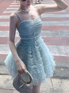 甜美洋气减龄褶皱连衣裙2024新款不规则时尚蓝色洋装蓬蓬公主裙女