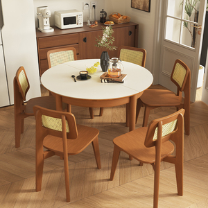 hpc哑光白色岩板餐桌可伸缩实木圆桌家用折叠饭桌2024新款中古桌