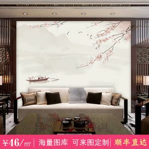 新中式电视背景墙壁纸壁布客厅餐厅墙面装饰壁画现代简约花鸟墙纸