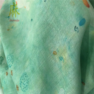 青  睡莲  纯苎麻数码印花布料夏季薄面料喷绘环保连衣裙上衣袍子