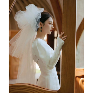 新娘主婚纱头纱俏皮超仙蓬蓬纱硬网素纱短款多层旅拍造型结婚头饰