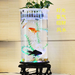 鱼缸客厅小型桌面圆柱形玻璃带氧气泵家用落地灯光创意生态水族箱