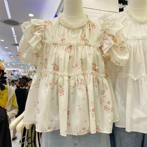 广州APM夏季韩系复古浪漫设计感圆领碎花娃娃款衬衣百搭上衣女