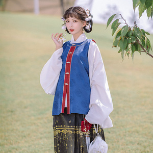 池夏 墨:并蒂 明制暗纹提花圆领对襟比甲 原创改良汉服女百搭春夏