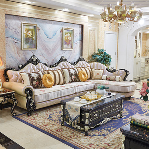 欧式皮布沙发组合 真皮小户型黑檀实木雕花整装客厅转角头层牛皮