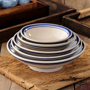 中国风老式敞口碗斗笠中式蓝边喇叭碗餐具小酒碗菜碗复古怀旧商用