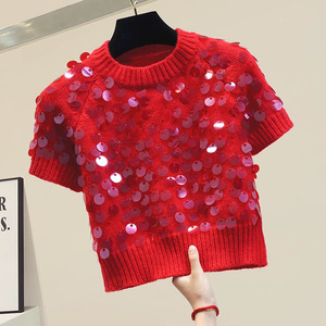 红色毛衣女秋装2023新款韩版时尚百搭重工亮片短袖宽松套头针织衫