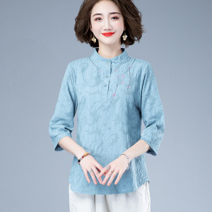 棉麻上衣女中袖7七分袖t恤复古文艺亚麻小衫苎麻妈妈夏装2022新款