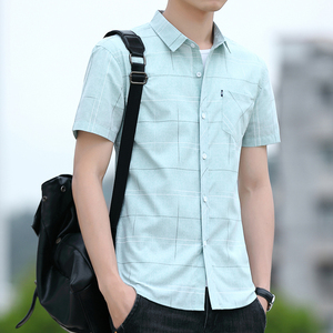 衬衫男装短袖夏季韩版潮流休闲帅气格子衬衣青年带口袋上衣服寸衫